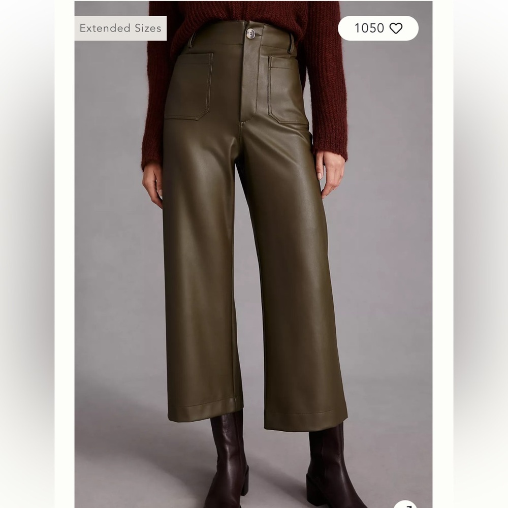Anthropologie‎ The Colette Crop Olive Faux Leather Pants - Picture 2 of 9